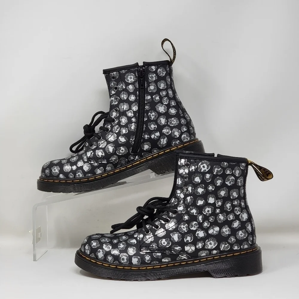 Dr. Martens 1460J Lace-Up Leather Boots Black Gray Leopard Boot Youth Size 3 New